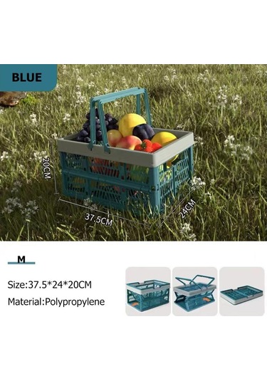 Mavi Açık Katlanır Taşınabilir Piknik Sepeti Taşınabilir Kamp Depolama Plastik Çerçeve Büyük Süpermarket Alışveriş Sepeti M Mavi
