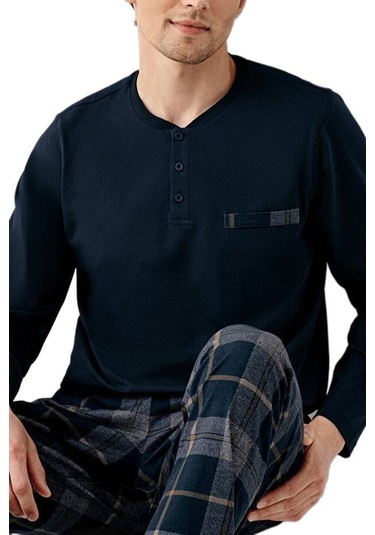 Arnetta %100 Pamuk 3507 Uzun Kol Erkek Pijama Takımı Navy Lacivert
