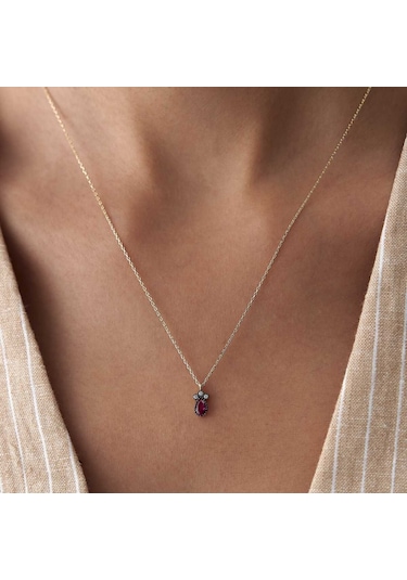 Pembe Taşlı Damla Kolye Sarı