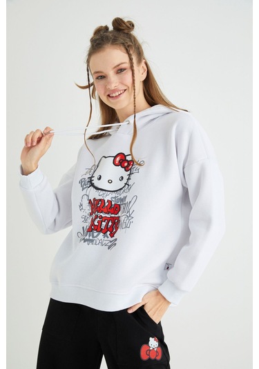 Hello Kitty Lisanslı Baskılı Kapüşonlu Kalın Sweatshirt Renkli