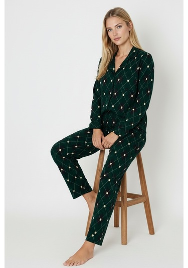 Luxury Soft Yeşil Ekose Desenli Uzun Kollu Kadın Pijama Takımı 3045 Yeşil