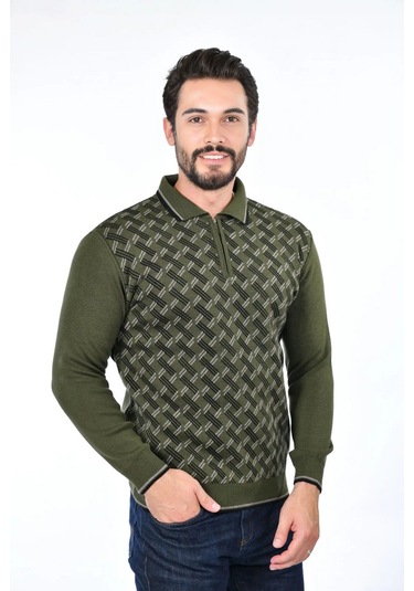 Kamalı Erkek Çelik Örgü Gömlek Yaka Fermuarlı Polo Yakalı Çizgili Desen Tüylenmeyen Triko Kışlık Baba Kazak Haki