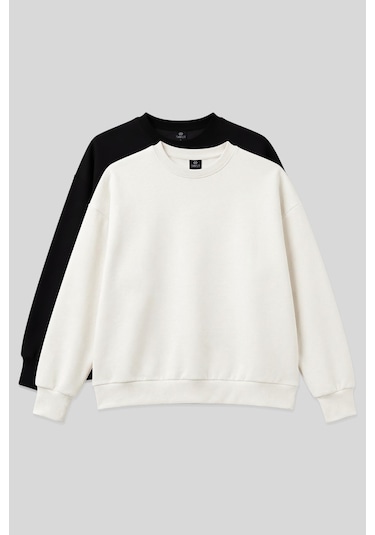 Basic Oversıze O Yaka 2li Paket Siyah-ekru Kadın Sweatshirt - 97053 Siyah - Ekru
