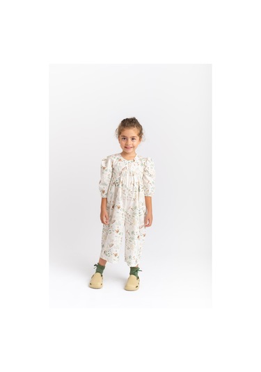 Oliventhekid Desenli Poplin Kız Çocuk Tulum Ekru Ekru