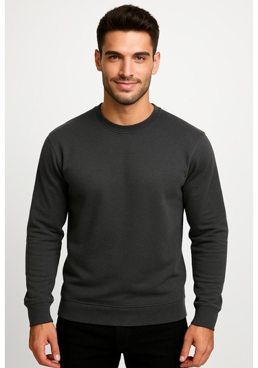 Erkek Antrasit Sweatshirt-W1083-F1 2 İplik Şardonsuz