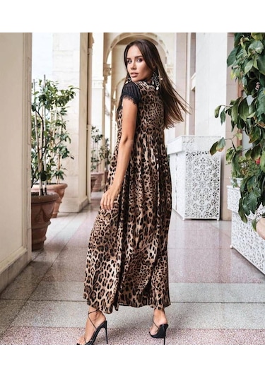 Tua Moda Kadın Leopar Desenli Dantelli Jesica Kumaş Maxi Boy Elbise Leopar
