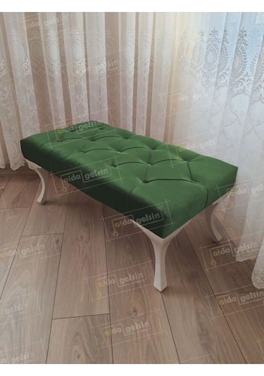 Kapitoneli Ayak Ucu Kapı Önü Antre Bench Puf Beyaz Ayak 110 45 Yeşil