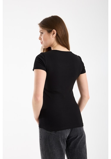 Hdm Kadın Esnek Fitilli Yakası Çıtçıtlı Siyah Kısa Kol Basic Örme Bluz - H5993-54 Siyah