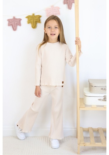 Kız Çocuk İspanyol Paça Fitilli Kumaş Pamuklu Takım Ekru