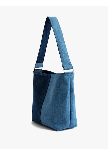 Koton Saplı Fermuarlı Renk Bloklu Denim Tote Çanta Multıcolor 5sak30061aa Mavi