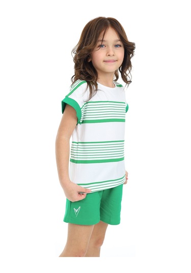 Toontoy Kız Çocuk Çizgili Kalp Nakışlı Şortlu Takım Çimen Yeşili
