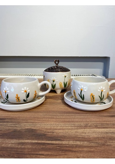 D.papatya Desenli El Yapımı Seramik Fincan, Kupa Seti Ve Şekerlik