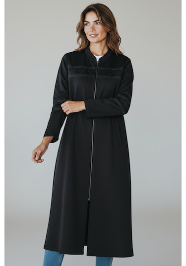 Kadın Önü Fermuarlı Desenli Cepli Mevsimlik Kap Siyah