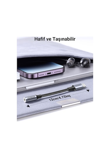 Ugreen Mfi Sertifikalı Lightning To 3.5mm Aux Dönüştürücü Adaptör, Siyah, 30756