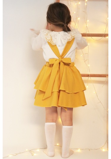 Kız Çocuk  Helen Sarı Askılı Kat Kat Bağlama Jile Elbise Dantel Detay Ekru Uzun Kollu Bluz Takım