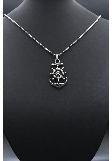 Çapa Dümen Figürlü Kolye Paslanmaz Çelik Zincir 902291 Gümüş