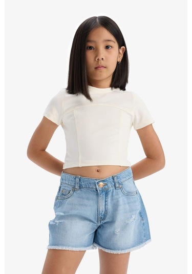 Defacto Kız Çocuk Yırtık Detaylı Pamuklu Jean Şort D7107a825smnm39 Mavi