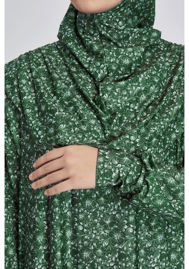 Pratik Tek Parça Çiçek Desenli Namaz Elbisesi Yeşil