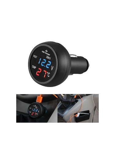 Oto Çakmaklık Usb Şarj Soketi Voltmetre Termometre 12/24V Mavi (514252652)