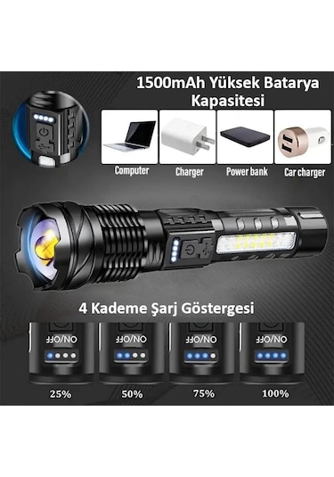 Valkyrie Şarjlı 7 Modlu Ultra Güçlü Led El Feneri Çakarlı Çok Fonksiyonlu Zoom 1500mah Siyah