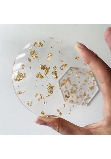 Altın Varak Akrilik Bardak Altlıkları 6 Adet İçecekler İçin İskandinav Tarzı, 9.5cm Şeffaf