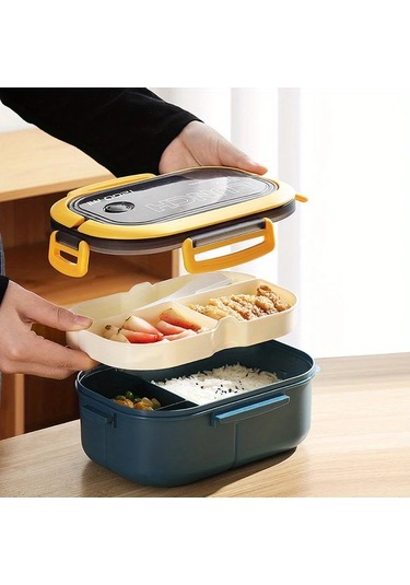 Xuweiwei Mavi 1200ml Sızdırmaz 2 Katlı Bento Kutusu Çatal Kaşık Mikrodalga Fırın Yemek Kabı Mavi