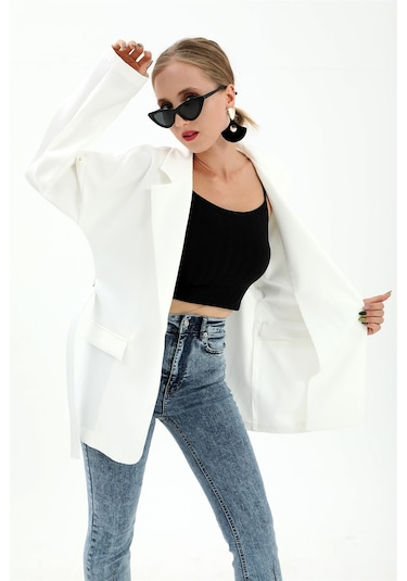 Düşük Omuz Kemerli Atlas Kumaş Blazer Ceket - Ekru-ekru Ekru