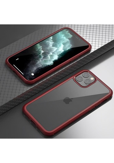 Apple Uyumlu iPhone 11 Pro Max Kılıf Dor Silikon Temperli Cam Kapak Kırmızı