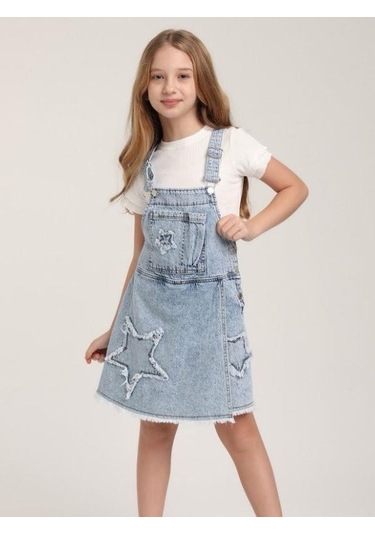 Kız Çocuk Yıldız Desenli Kot Şort Etek Salopet-15639 Mavi