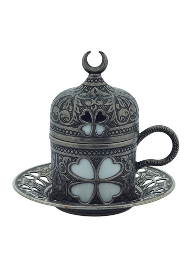 Yonca Desenli 6 Kişilik Porselenli Kapaklı 24 Parça Kalay Renk Fincan Seti Gri