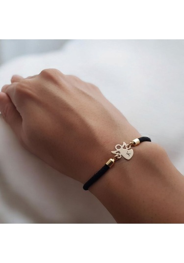 K Harfine Özel 14 Ayar Altın Plakalı Mevlana Motifli Örgü İpli Hediye Bileklik-319harf-siyah Altın