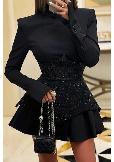 Uzun Kollu Işıltı Mini Elbise - Kristal Elmas Detaylı Kadın S