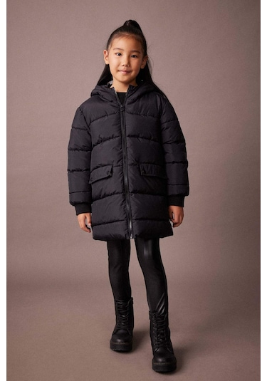 Defacto Kız Çocuk Su İtici Kapüşonlu Şişme Mont A2528A823AUBK27 Siyah