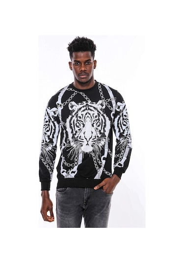 Wessi Siyah Taşlı Baskılı Bisiklet Yaka Sweatshirt Siyah