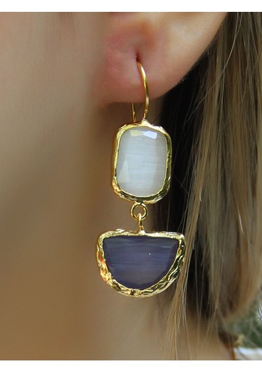 İkili Model Kedigözü Cam Sallantılı Kadın Küpe Euku26l Lacivert