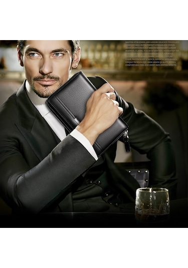 Sones Leınasen A80 Çoklu Kart Erkek El Çantası Çift Fermuarlı Büyük Kapasiteli Cüzdan Siyah