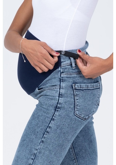 Busa Hamile Esnek Karın Bantlı Mom Fit Kot Pantolon Mavi