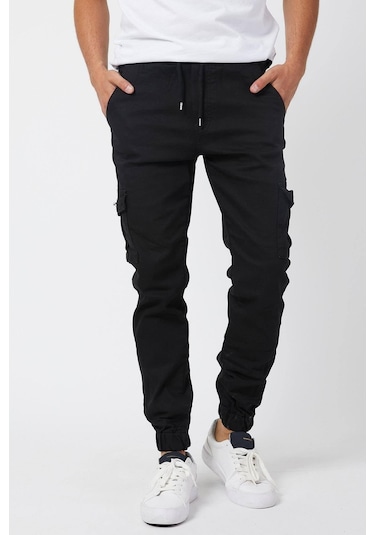 Erkek Su Yeşili Renk Jogger Paçası Beli Lastikli Pantolon Siyah