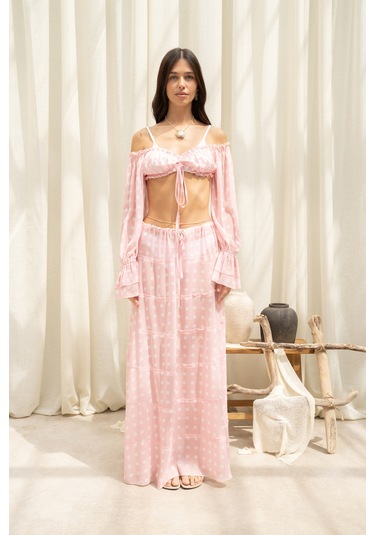 Mai Collection Samos Puantiyeli Pembe Crop Etek Takım