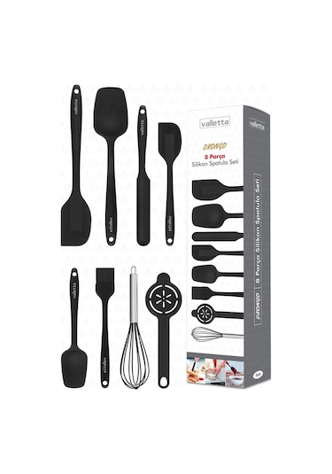 Valletta Drongo Isıya Dayanıklı Yanmaz Yapışmaz Silikon Spatula Seti 8 Parça Siyah