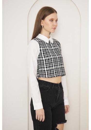 Darlin Moda Siyah Tweed Gömlek Yaka Crop Bluz Dm9002 Siyah