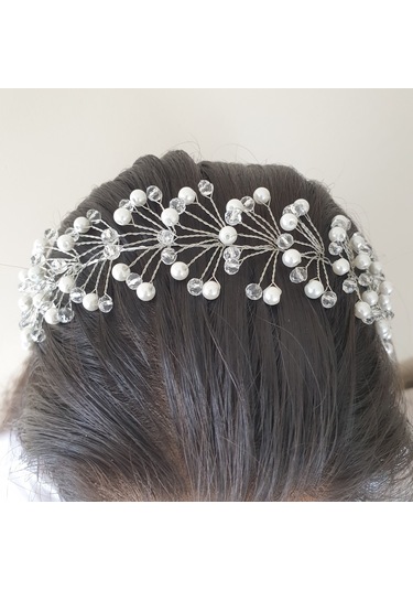 Beyaz Renk Incili Ve Kristal Boncuklu Gelin Tacı (549117933)