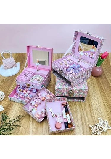 Willowhaven Pembe Çiçek Desenli Dönen Balerin Müzikli Çift Çekmeceli Takı Kutusu