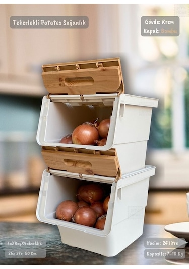 2'li Bambu Patates Soğan Sepeti Tekerlekli Kapaklı Havalandırmalı 24 Litre Sebzelik Organizer