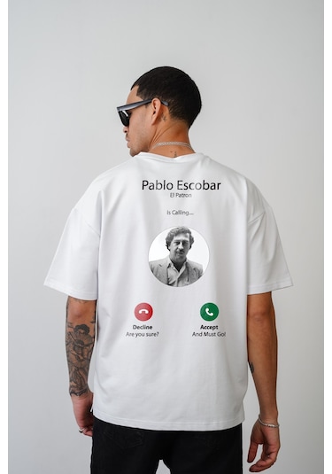 King-Brich Oversize Kalıp Pablo Escobar İs Calling Baskılı Unisex Tişört Beyaz