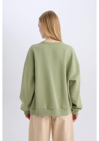 Defacto Coool Oversize Geniş Kalıp Bisiklet Yaka Baskılı Kalın Sweatshirt D5384AX24AUKH461 Haki