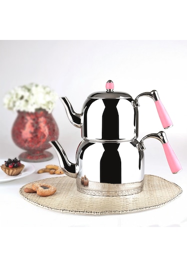 Özkent K-378 Armine Mega Boy Paslanmaz Çelik Çaydanlık Takımı Pem Pembe