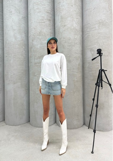 Düz Renk Kadın Sweatshirt Beyaz