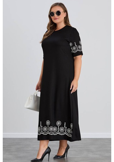 Wearon Kadın Aysar Kısa Kol Baskılı İki İp Boydan Siyah Elbise Siyah