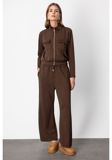 On Kadın Beli Lastikli Bol Paça Eşofman Altı 66510 Kahverengi Kahverengi